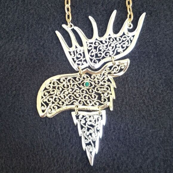 NWT Very Cool Silver Gold 22" Moose Pendant Swinging Necklace - Picture 1 of 8